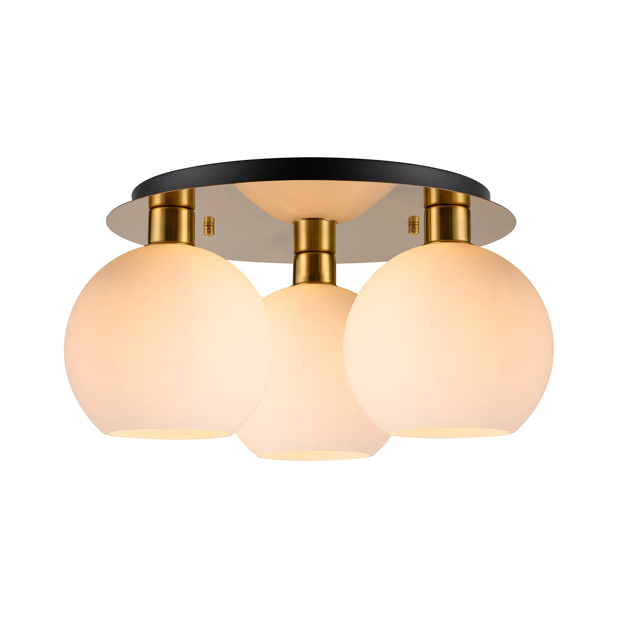 DK1250  Lori 40cm Round Ceiling Flush, 3 Light Flush Fitting, Antique Gold/Opal Open Mouth Round Globe Shades